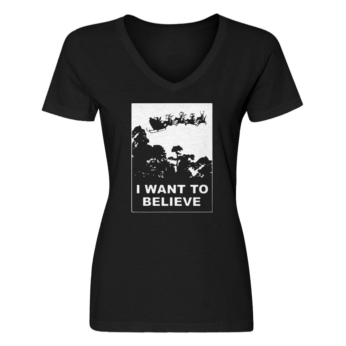 Womens I Want to Believe Santa V-Neck T-shirt