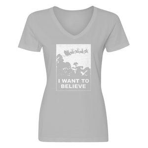 Womens I Want to Believe Santa V-Neck T-shirt